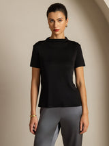 [Svart] SilkSilky-SE 100% Silk Jersey Short Sleeve Mock Neck Dam T-Shirt 003