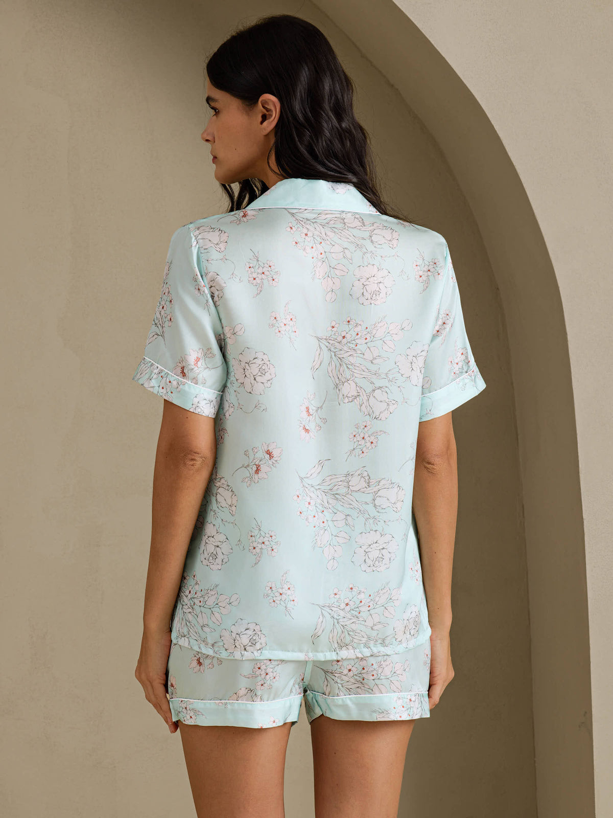 [Himmelsblå Blommor] SilkSilky-SE Short Sleeve Notch Collar Dam Pyjama 002