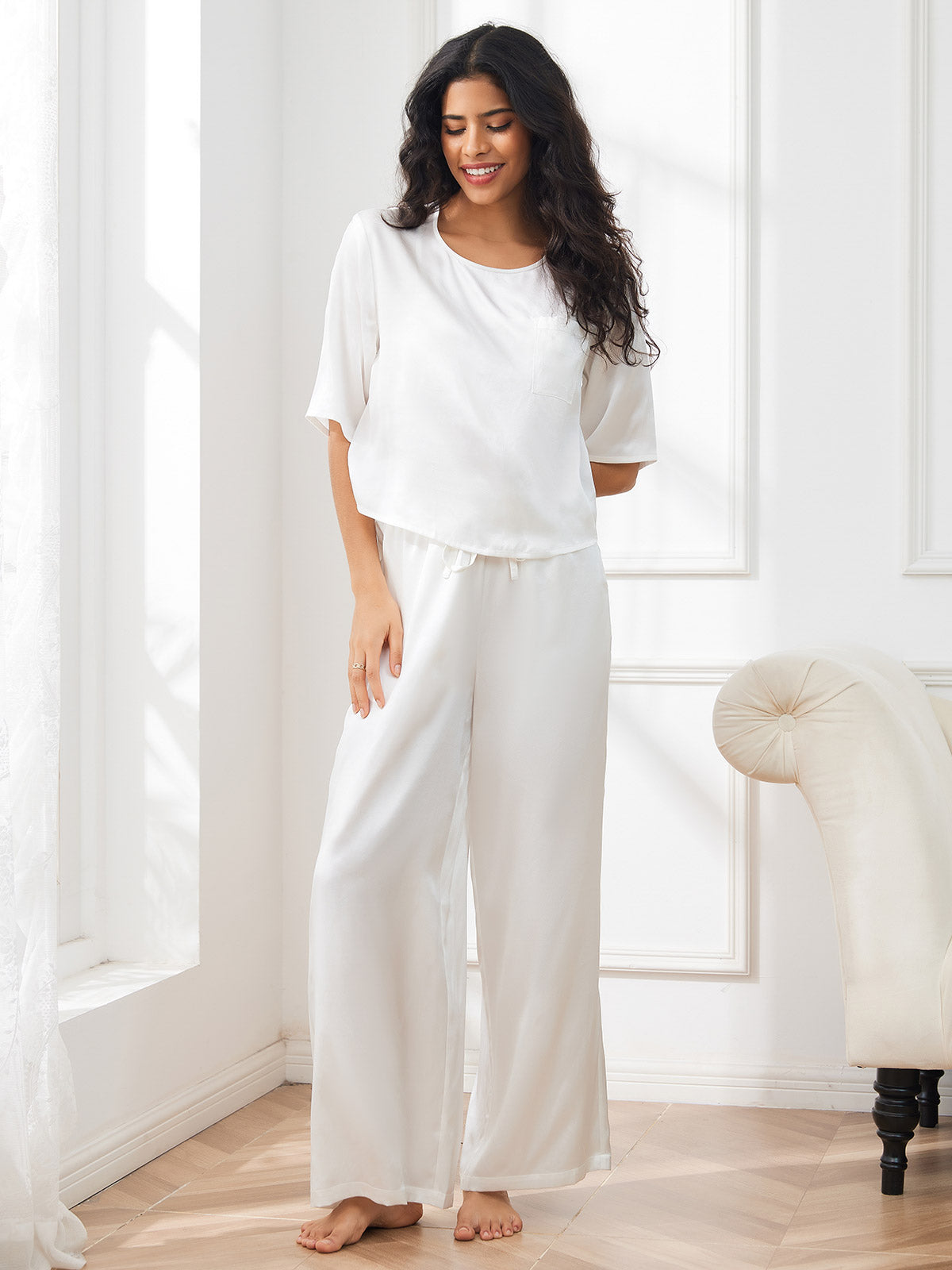 SilkSilky SE Rent Silke Hårärm Round Neck Dam Pyjama Vit 003