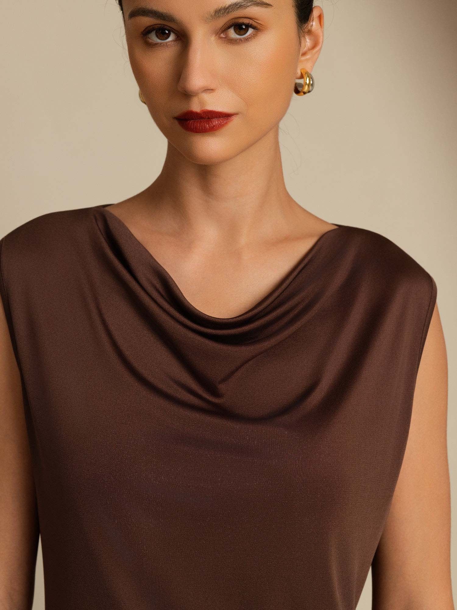 [Kaffe] SilkSilky-SE Ärmlös Cowl Halsringning Dam T-Shirt 005