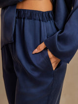 [Mörkblå] SilkSilky-SE 19Momme Lång Ärm Notchkrage Dam Pyjama 005