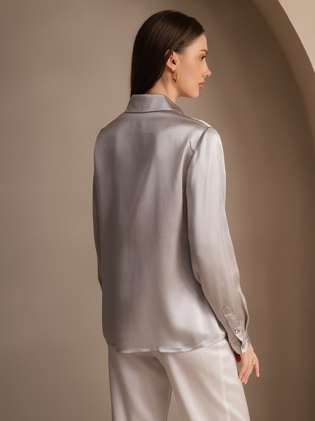[Ljusgrå] SilkSilky-SE 19Momme Silke Lapel Collar Damskjorta 002