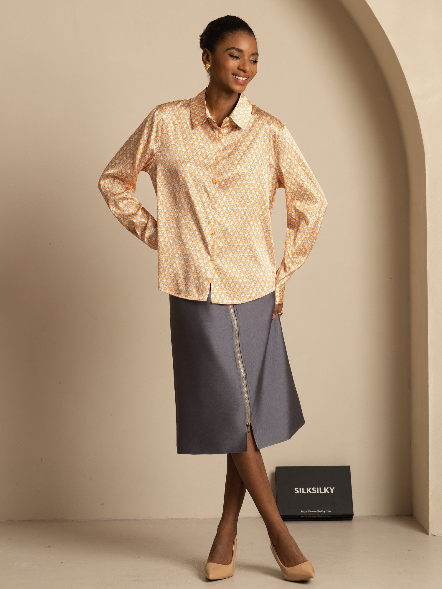 [Floral] SilkSilky-SE Silke Lång Ärm Krage Damskjorta 006