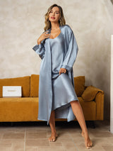[Gråblå] SilkSilky-SE Long Sleeve V Neck Dam Nattlinne&Morgonrock Set 005