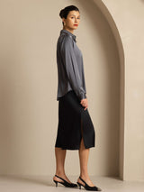 [Mörkgrå] SilkSilky-SE Long Sleeve Lapel Collar Damskjorta 009