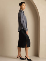 [Mörkgrå] SilkSilky-SE Long Sleeve Lapel Collar Damskjorta 009