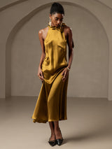 [Brun] SilkSilky-SE 19Momme Stretch Silk Charmeuse Sleeveless Halter Klänning 005