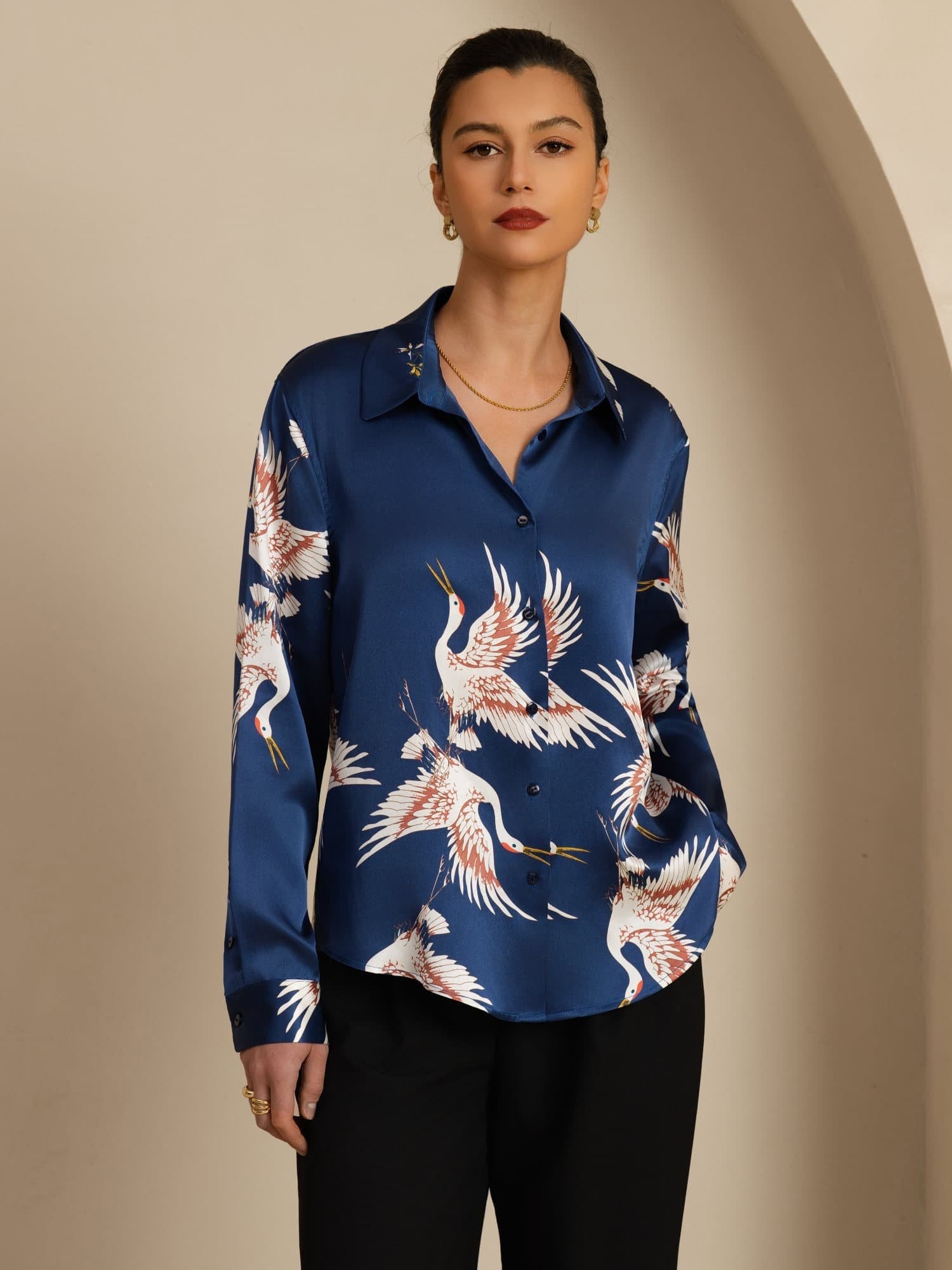 [Mörkblå] SilkSilky-SE Long Sleeve Lapel Collar Damskjorta 001