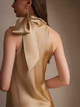 [Champagne] SilkSilky-SE 19Momme Stretch Silk Charmeuse Sleeveless Halter Klänning 002
