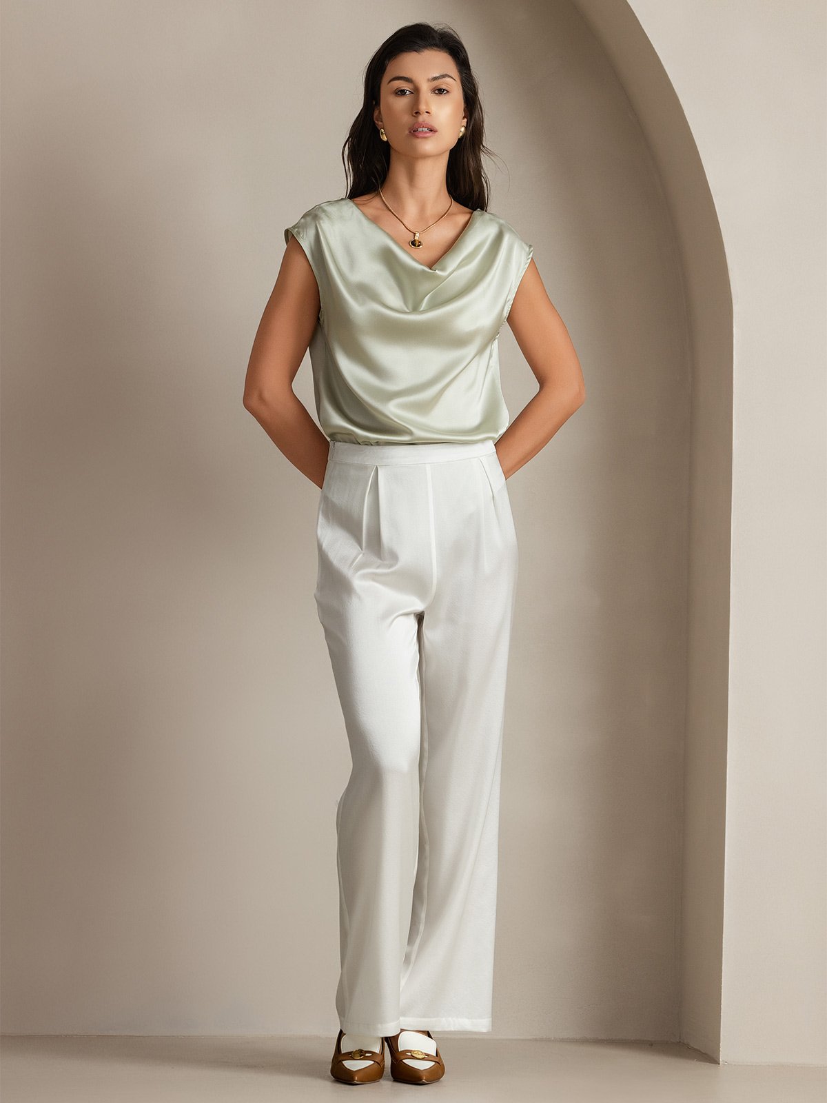 [Ljusgrön] SilkSilky-SE 19Momme Kappärm Cowl Halsringning Dam T-Shirt 005