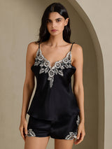 [Svart] SilkSilky-SE Spaghetti Strap V Neck Camisole Set 005