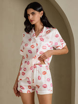 [Vitt Läppstift] SilkSilky-SE Short Sleeve Notch Collar Dam Pyjama 003