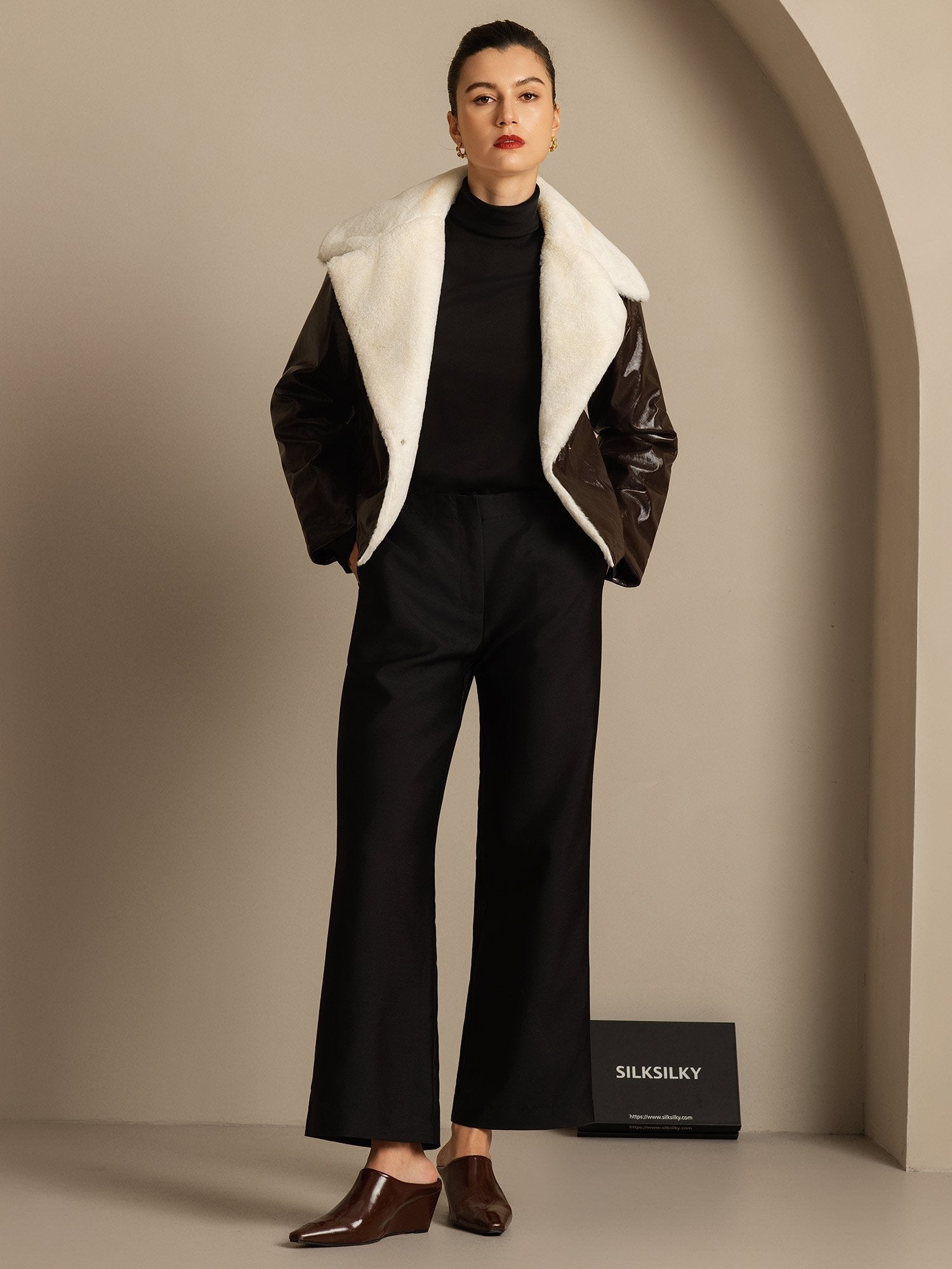 [Svart] SilkSilky-SE 32Momme Silk-Wool Blend Womens Pants 006,