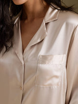 [Beige] SilkSilky-SE Long Sleeve Lapel Collar Dam Sömnskjorta 004