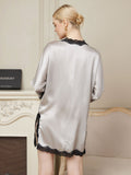 SilkSilky SE Rent Silke 3/4 Ärm V Hals Nattlinne Silver 003