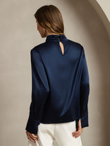 [Mörkblå] SilkSilky-SE Long Sleeve Keyhole Neck Damblusar 002