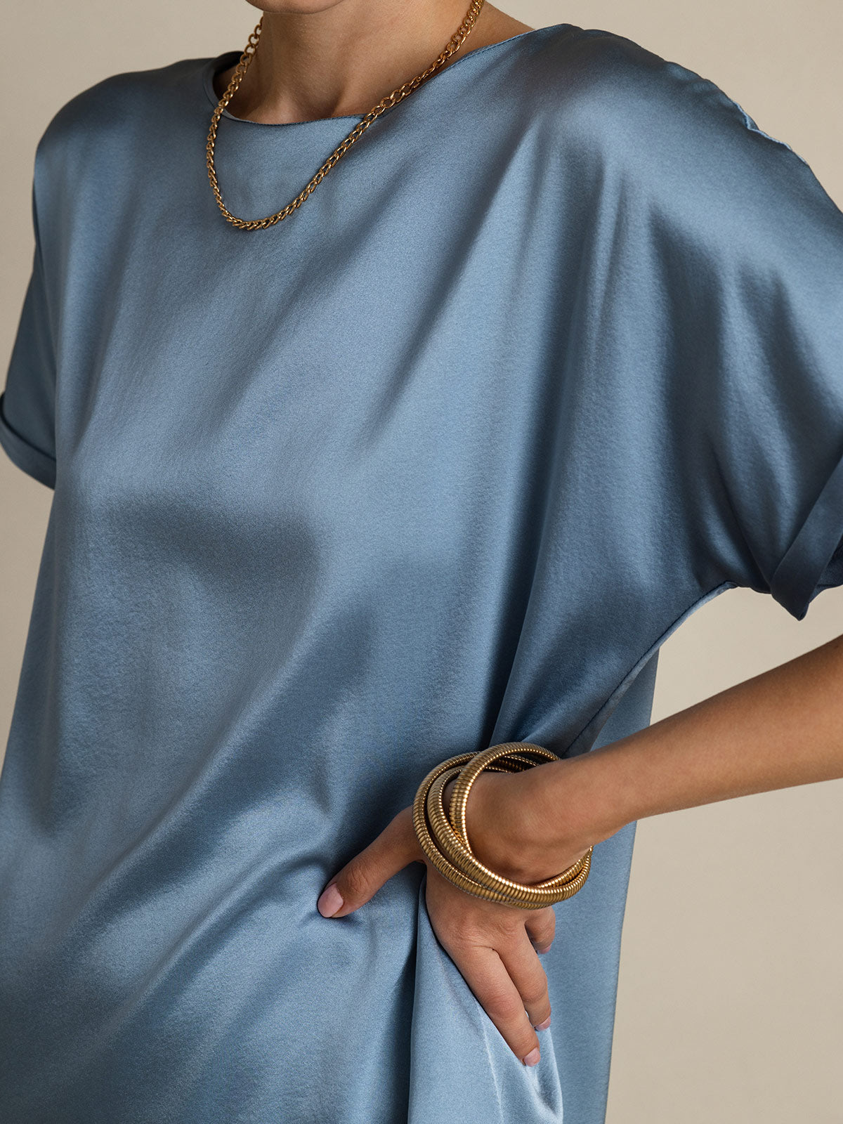 [Gråblå] SilkSilky-SE 19Momme Silke Womens T-Shirt 008,