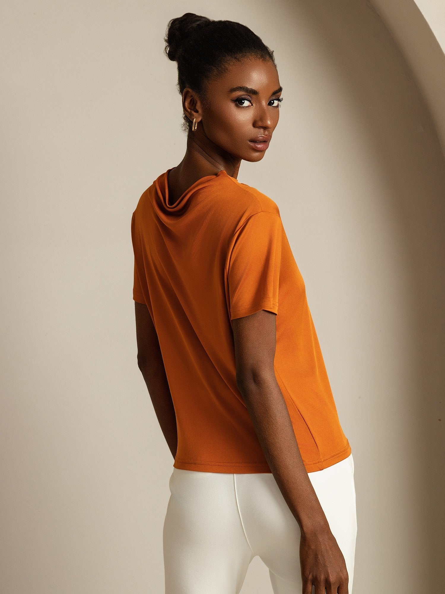 [Orange] SilkSilky-SE Rent Silke Krage Dam T-Shirt 002