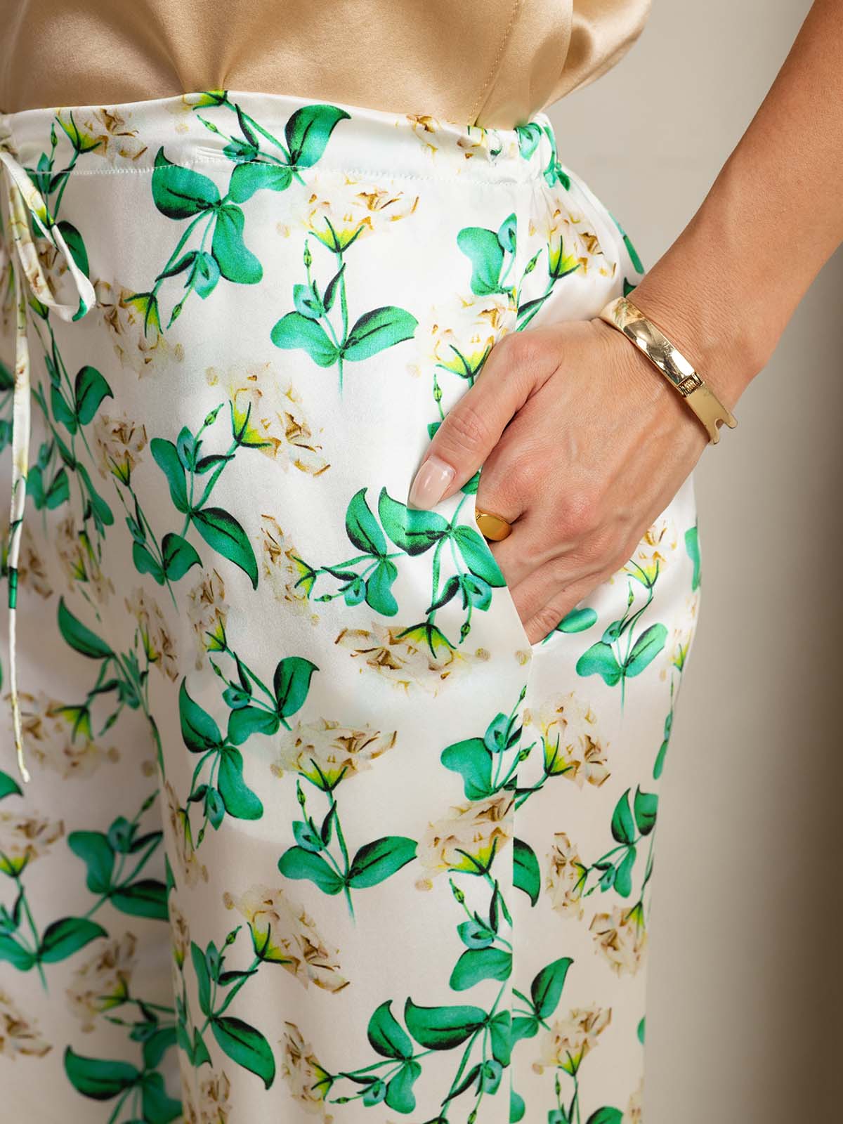 [Grön Blommor] SilkSilky-SE 19Momme Silke Womens Pants 004