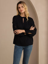 [Svart] SilkSilky-SE Long Sleeve Keyhole Neck Damblusar 005
