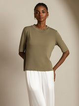 [Bränd Oliv] SilkSilky-SE Half Sleeve Crewkrage Dam T-Shirt 005