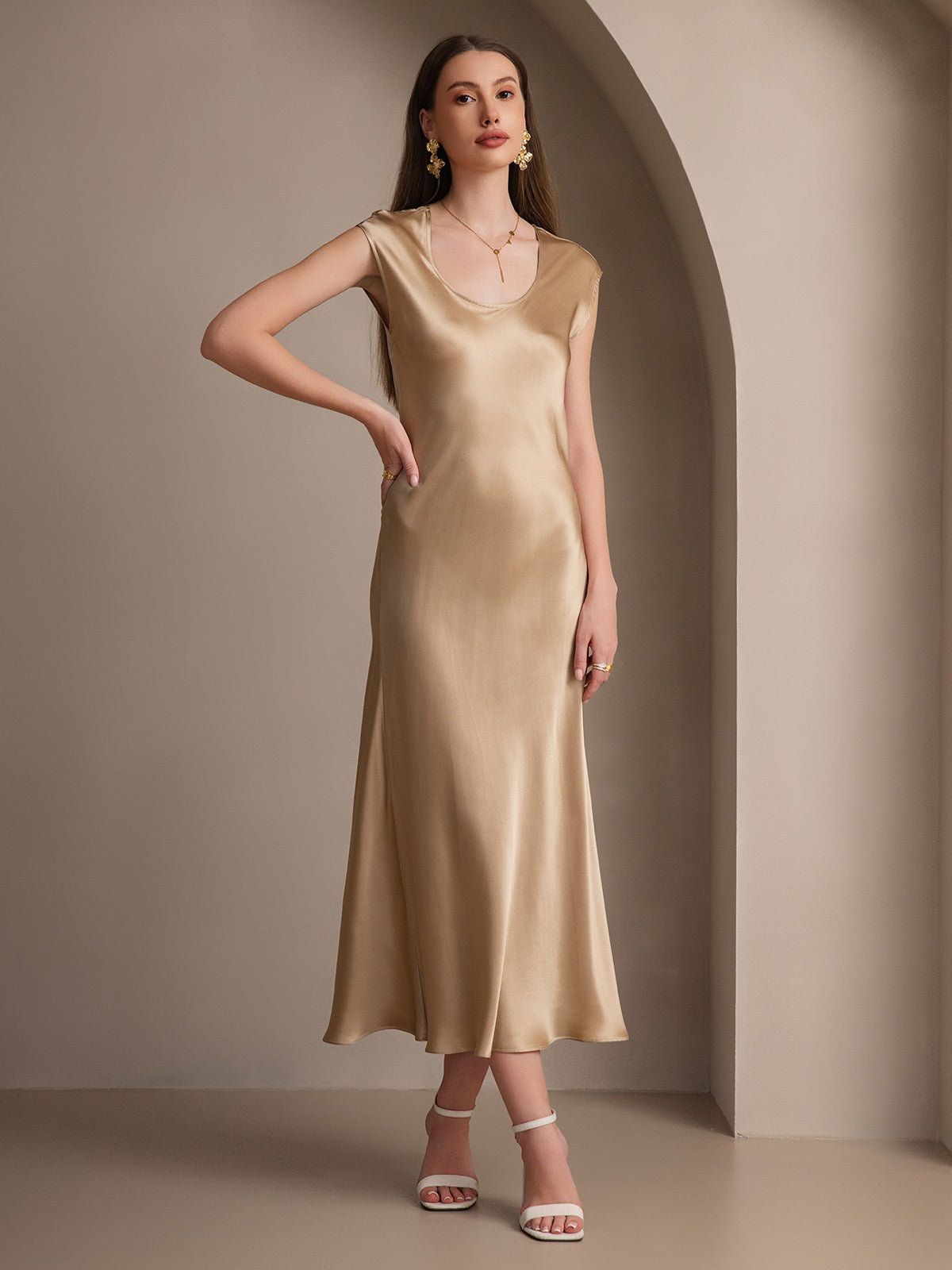 [Champagne] SilkSilky-SE 19Momme Silke Dress 001