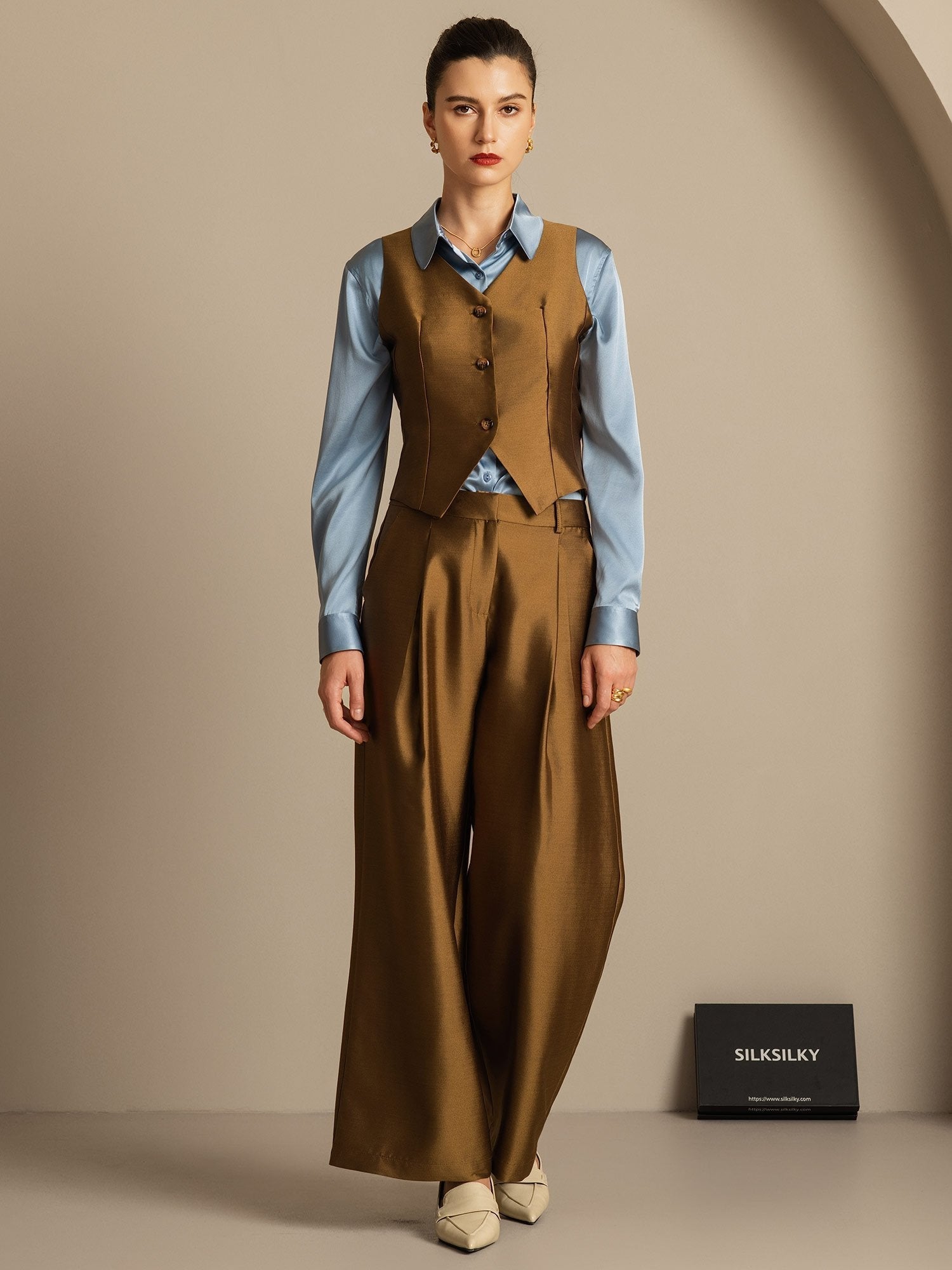 [Brons] SilkSilky-SE 32Momme Silk-Wool Blend Womens Vest 001,