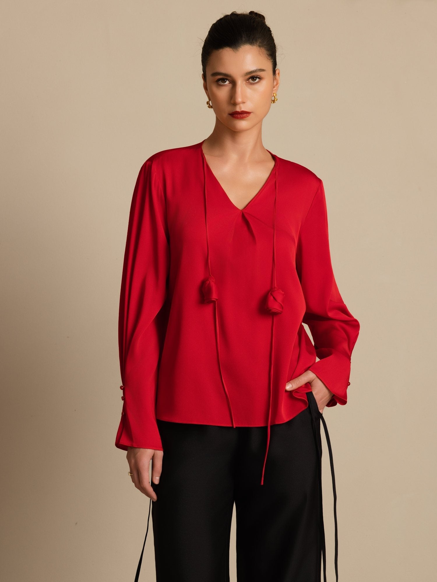 [Vin] SilkSilky-SE 19Momme Silke Lång Ärm V Ringning Blus 003