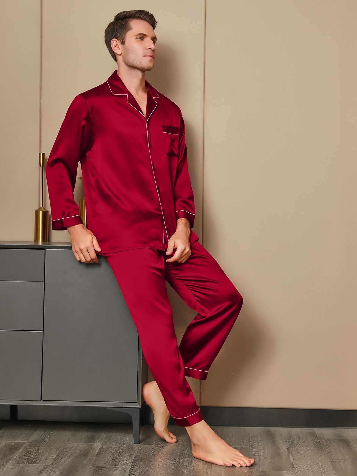 [Röd] SilkSilky-SE 19Momme Rent Silke Mens Pajamas 001