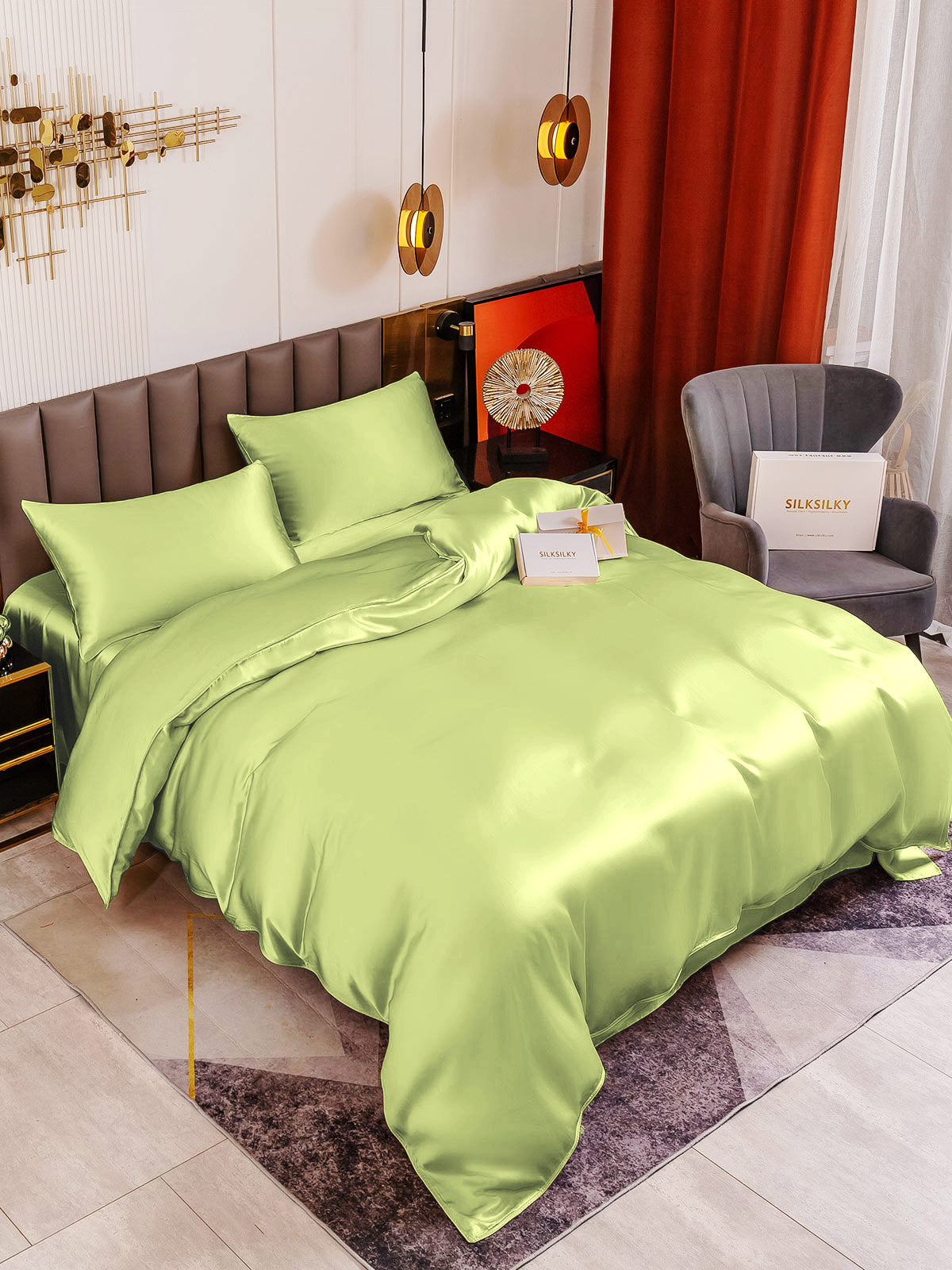 SilkSilky SE 19Momme Rent Silke Bedding Set Mintgrön 001