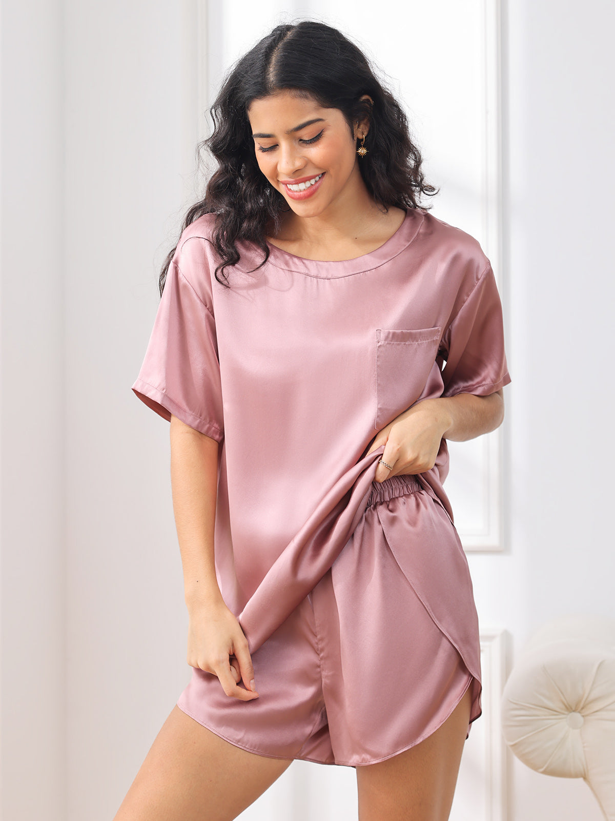 SilkSilky-SE Rent Silke Kort Ärm Womens Pajamas BlekMauve 004