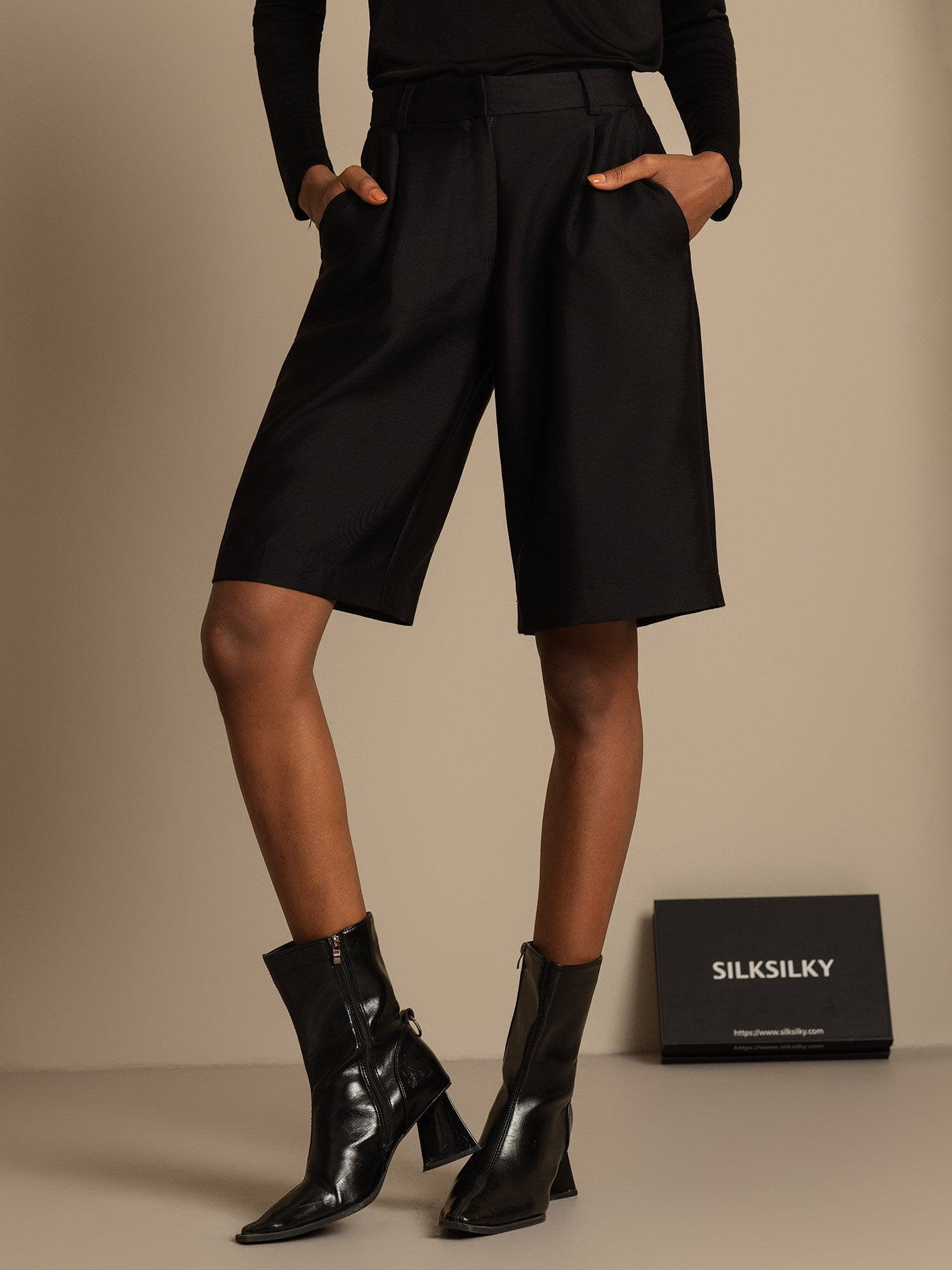 [Svart] SilkSilky-SE 32Momme Silk-Wool Blend Womens Shorts 001,