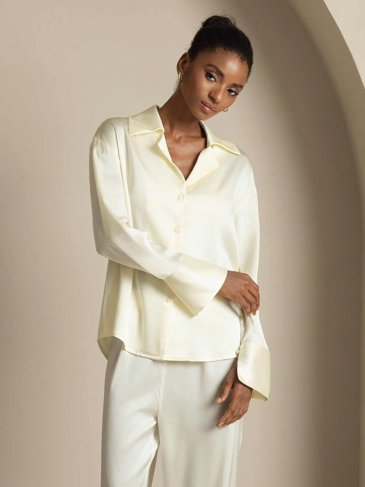 [Elfenben] SilkSilky-SE 19Momme Silke Womens Shirt 006