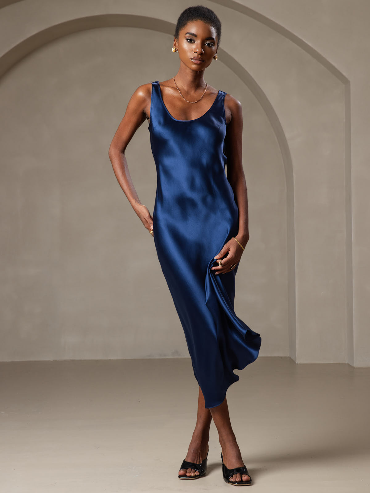 [Mörkblå] SilkSilky-SE Rent Silke Dress 005