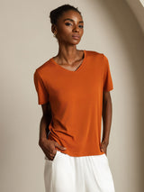 [Orange] SilkSilky-SE Short Sleeve V Neck Dam T-Shirt 006