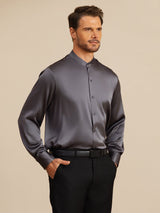 [Mörkgrå] SilkSilky-SE Long Sleeve Stand Collar Herrskjorta 005