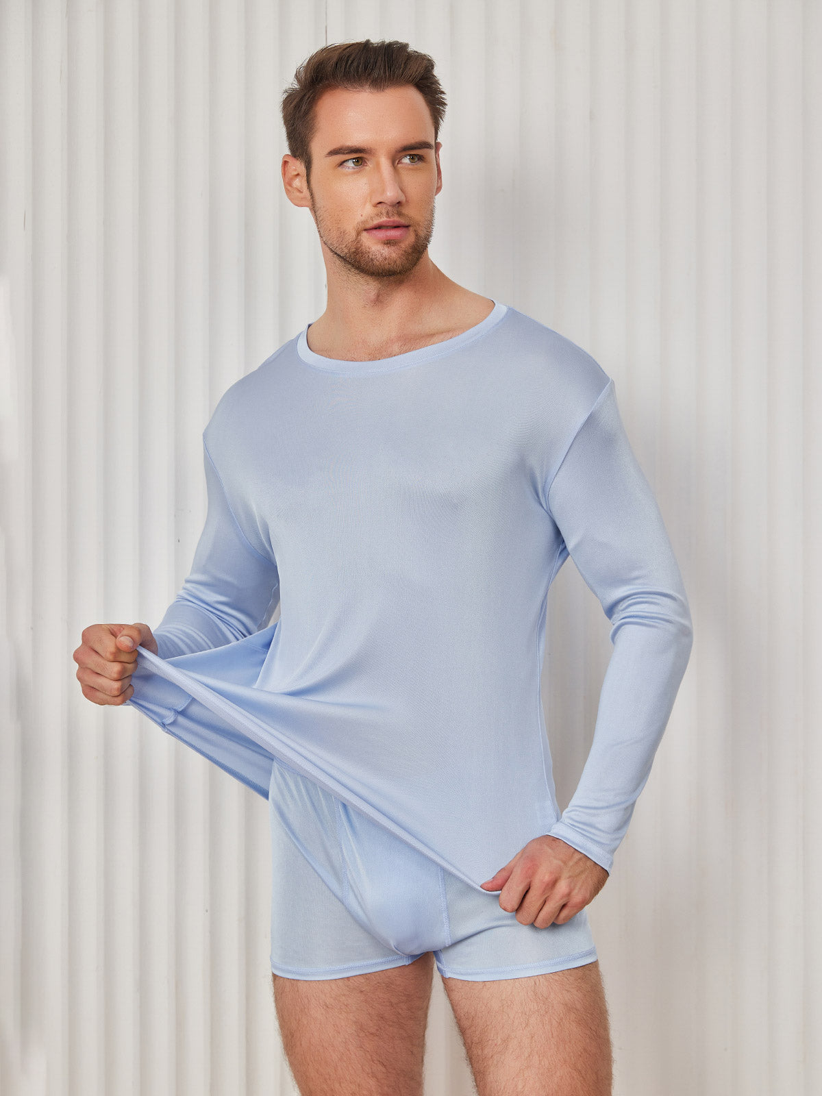 [Ljusblå] SilkSilky-SE Lång Ärm Rund Halsringning Herr T-Shirt 004