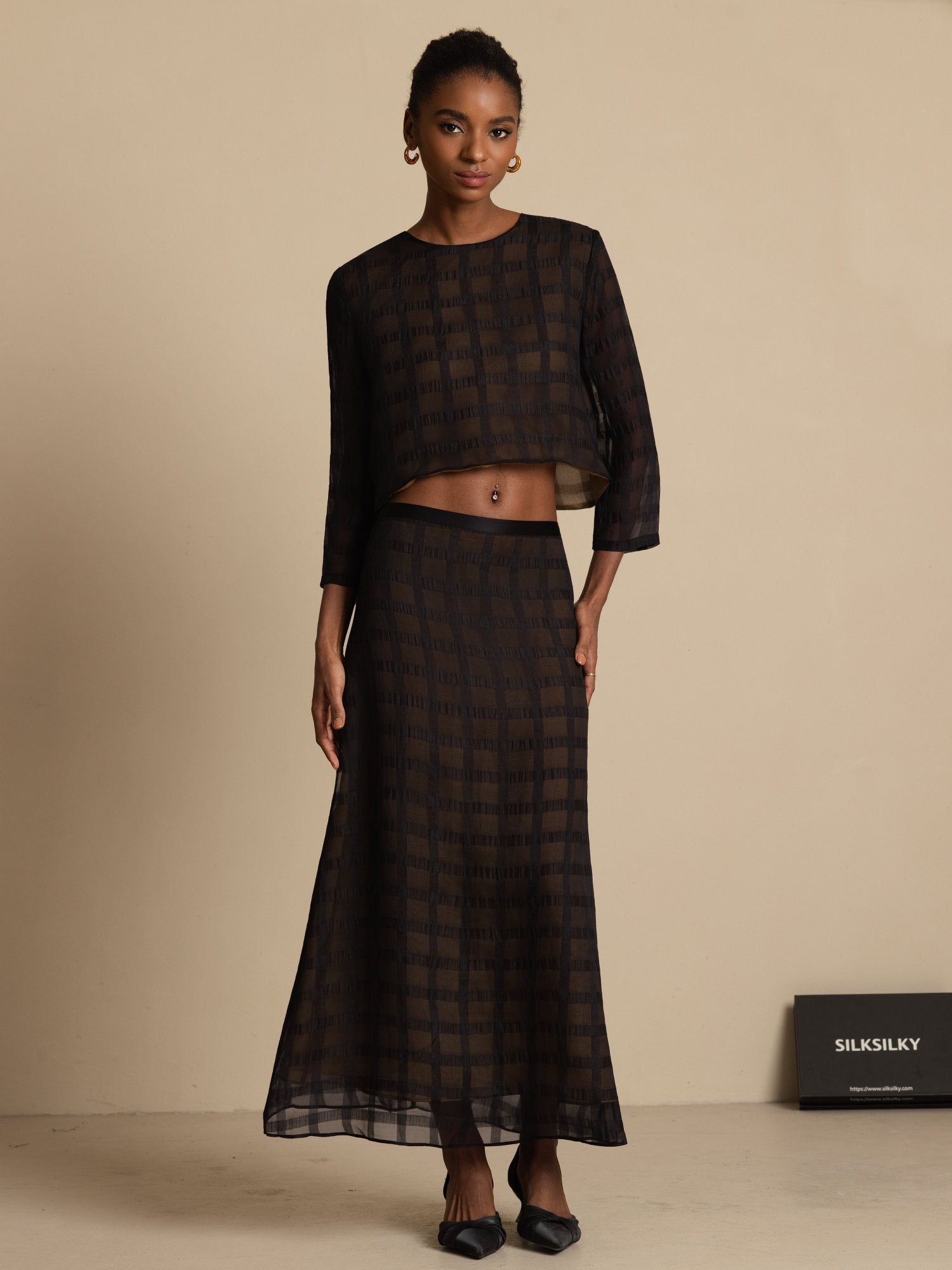 [Svart] SilkSilky-SE Rent Silke Lång Ärm Rund Halsringning Women''s Outfit Sets 001