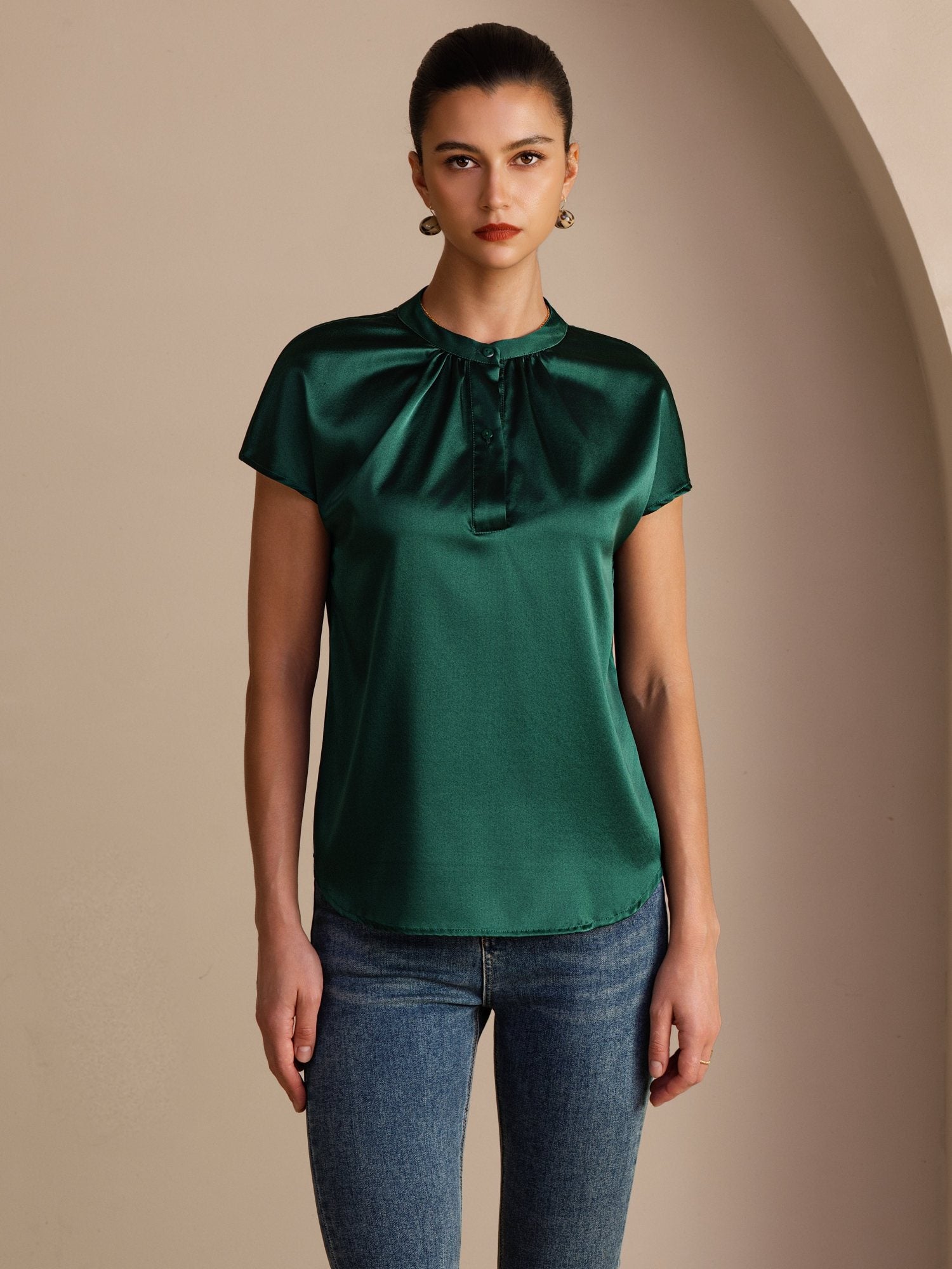 [Mörkgrön] SilkSilky-SE Short Sleeve Damblusar 001