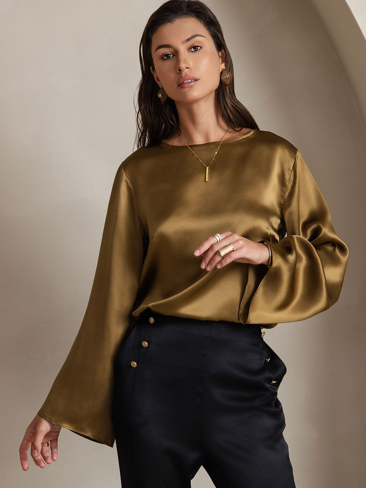 [Brun] SilkSilky-SE 19Momme Silke Bell Sleeve Blouse 001