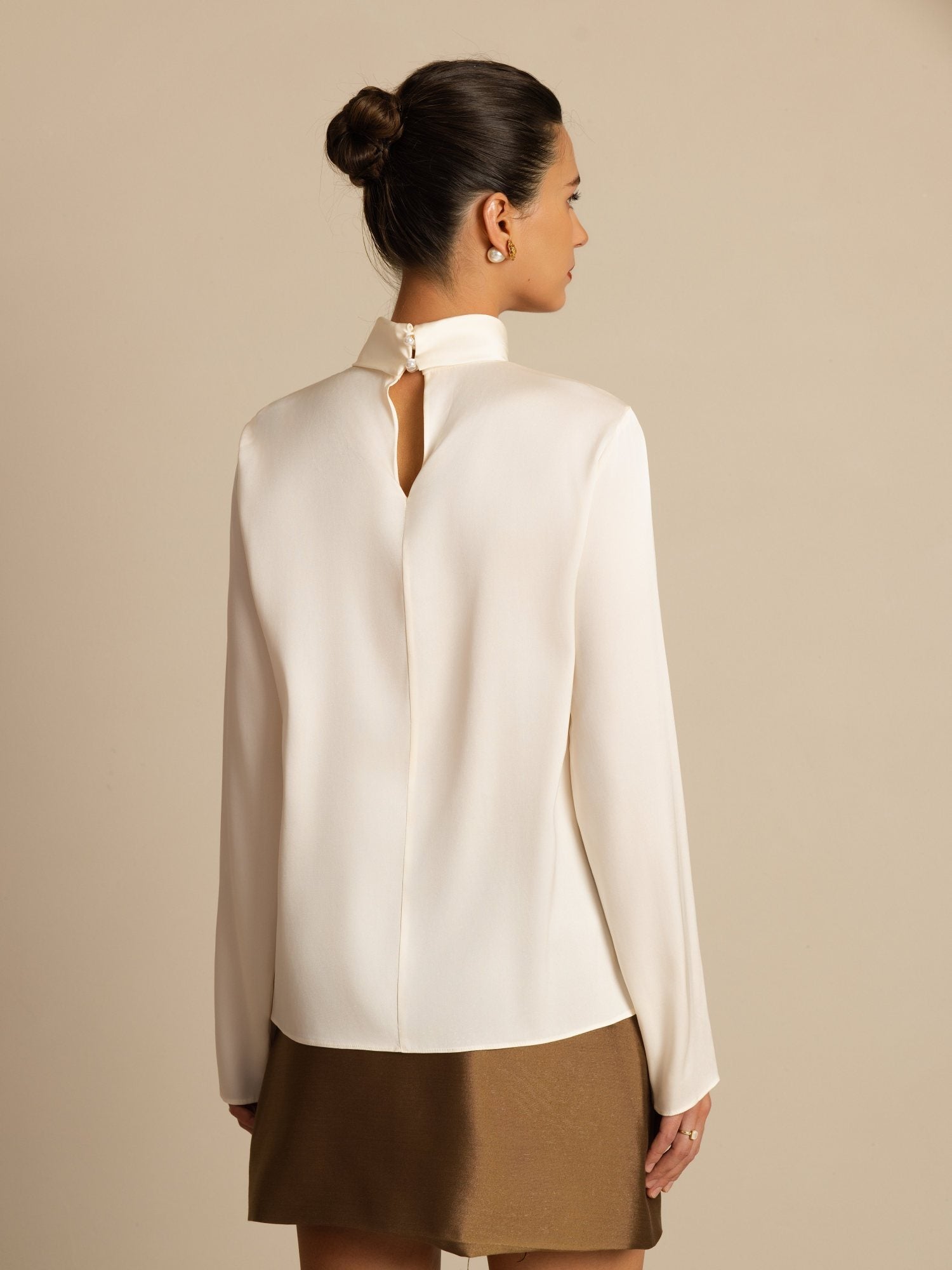 [Champagne] SilkSilky-SE 19Momme Silke Lång Ärm Polotröja Dam T-Shirt 002