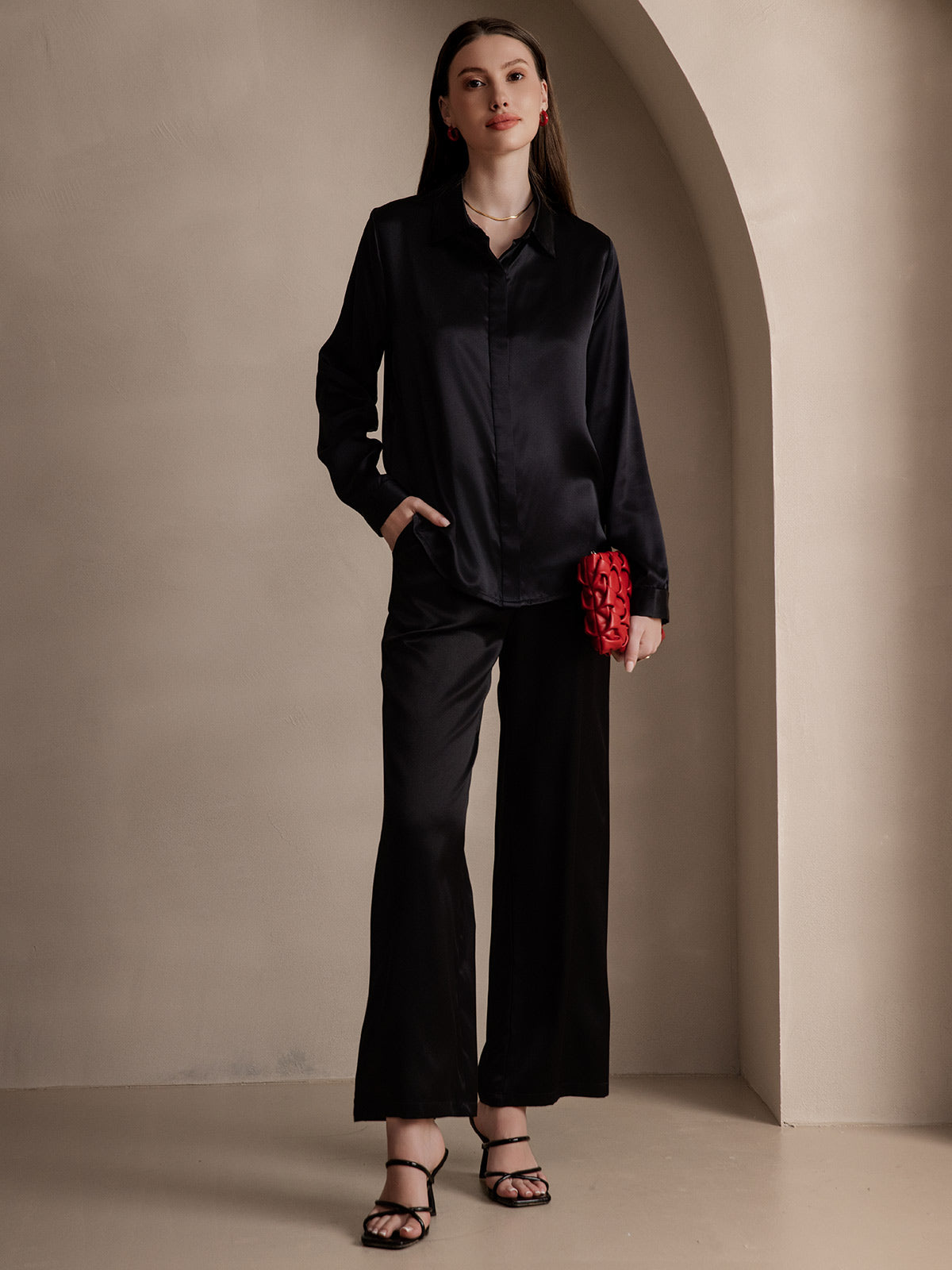 [Svart] SilkSilky-SE 19Momme Silke Lapel Collar Damskjorta 007