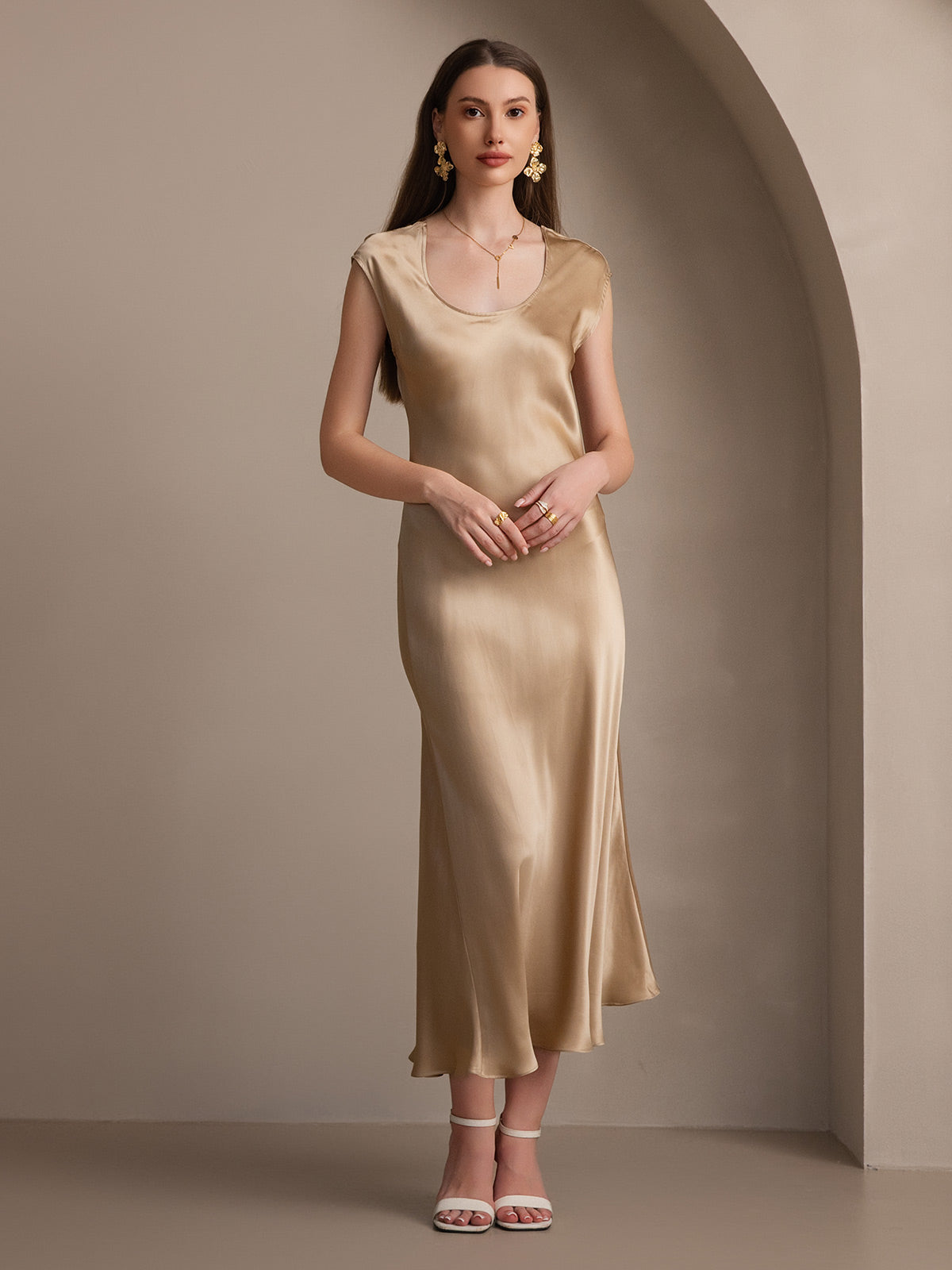 SilkSilky-SE 19Momme Silke Ärmlös Dress Champagne 003