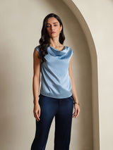 [Gråblå] SilkSilky-SE Cap Sleeve Cowl Neck Dam T-Shirt 001