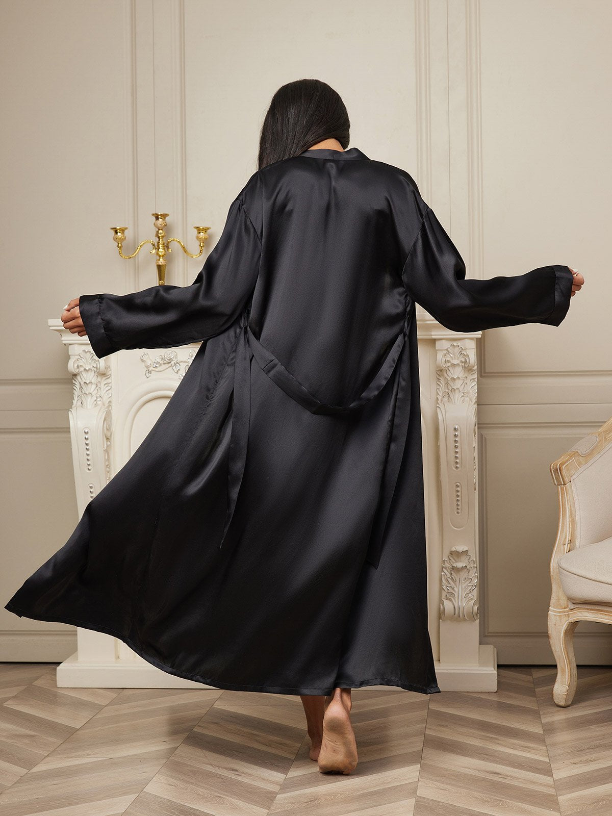 [Svart] SilkSilky-SE Rent Silke Womens Robe 002