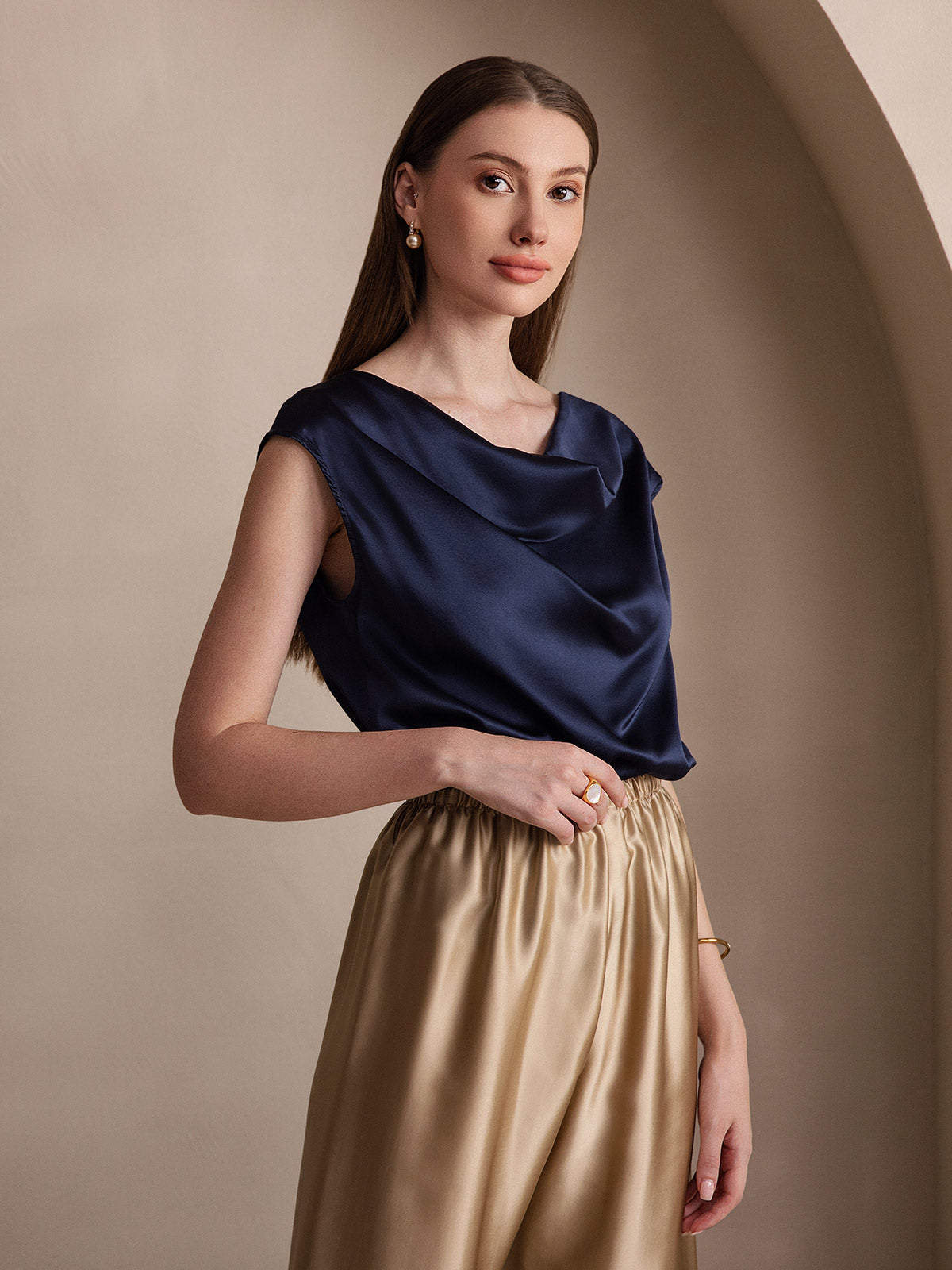[Mörkblå] SilkSilky-SE 19Momme Silke Womens T-Shirt 005