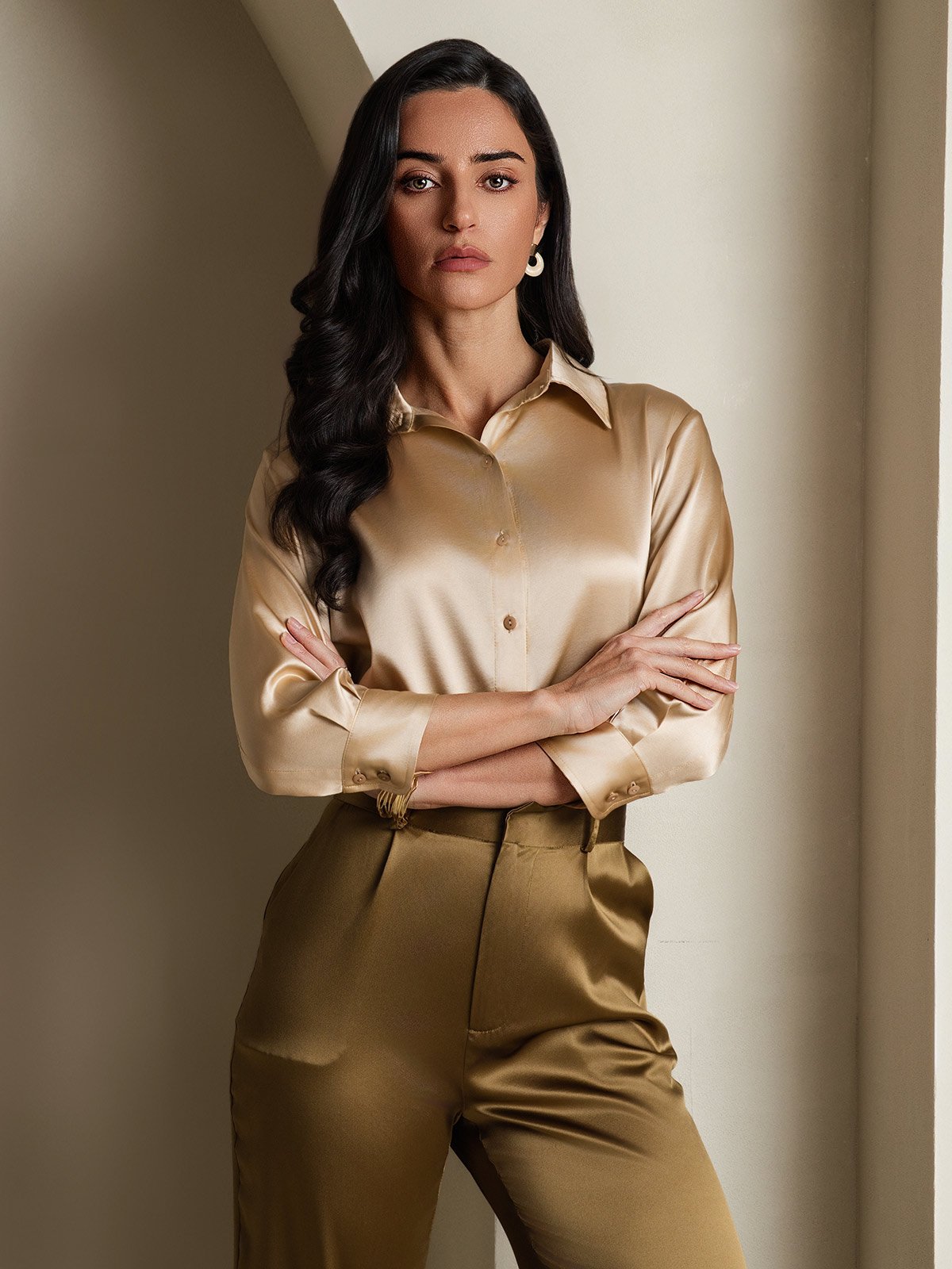 SilkSilky-SE 19Momme Silke Lång Ärm Slag Damskjorta Champagne 001