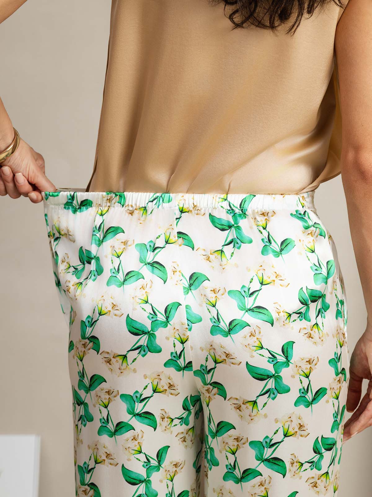 [Grön Blommor] SilkSilky-SE 19Momme Silke Womens Pants 005