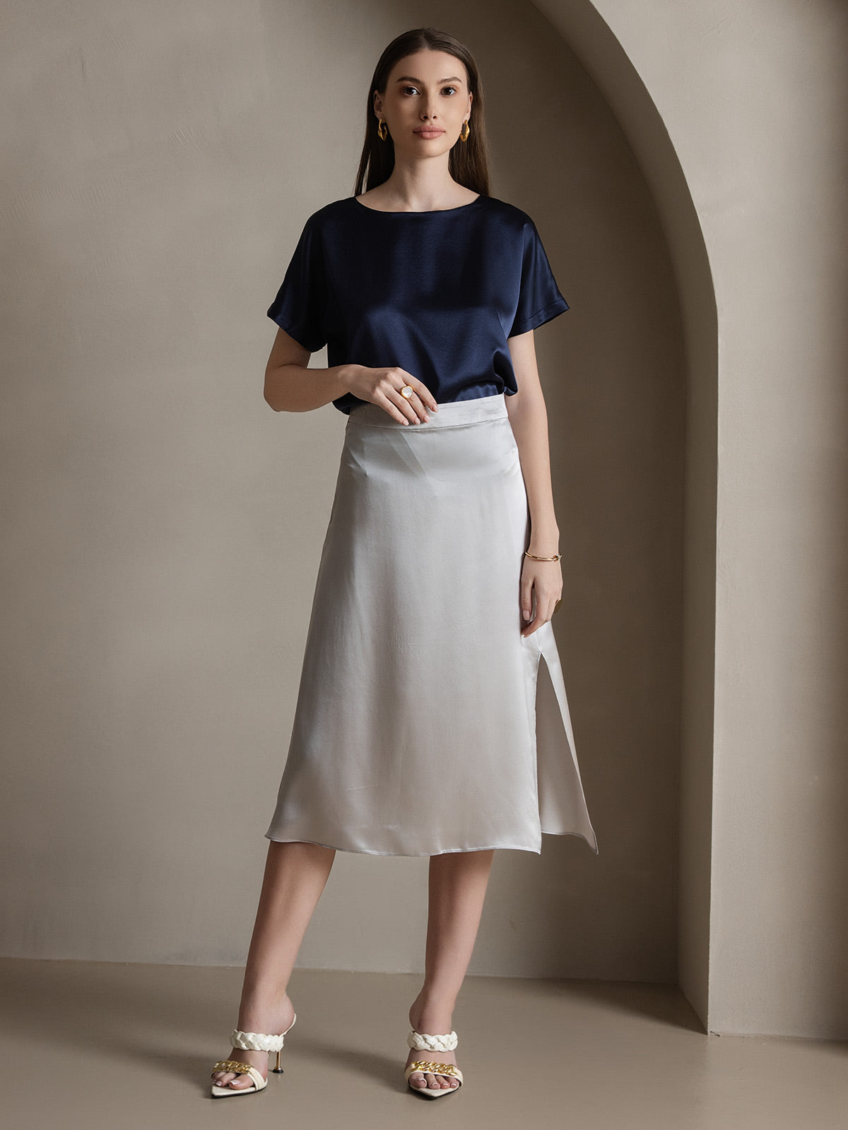 [Ljusgrå] SilkSilky-SE 19Momme Silke Skirt 002