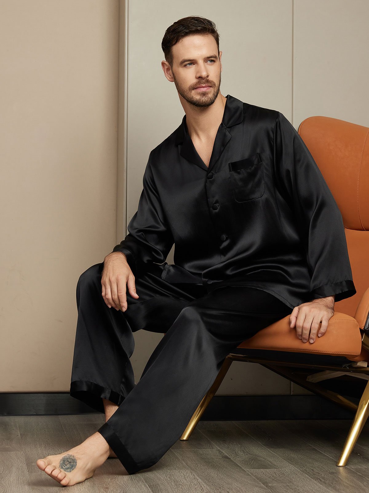 [Svart] SilkSilky-SE Rent Silke Mens Pajamas 003